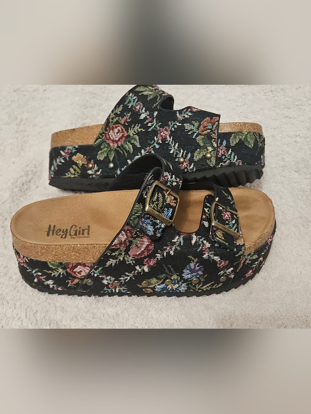 Corkys Hey Girl Platform Wannabe Sandals Black Floral Brocade Womens Size 9